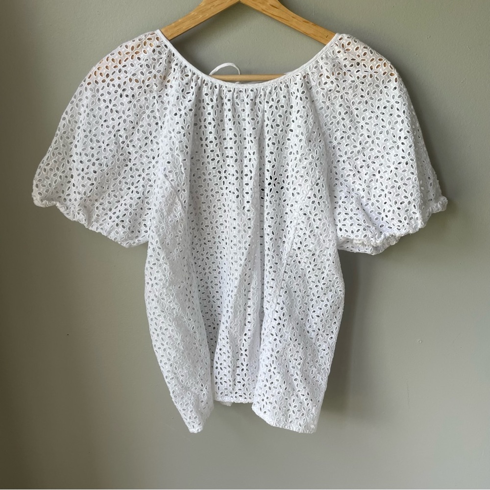 J. Crew V-Back Puff-Sleeve Eyelet Top - White - Size 14 Womens EUC - Picture 4 of 15
